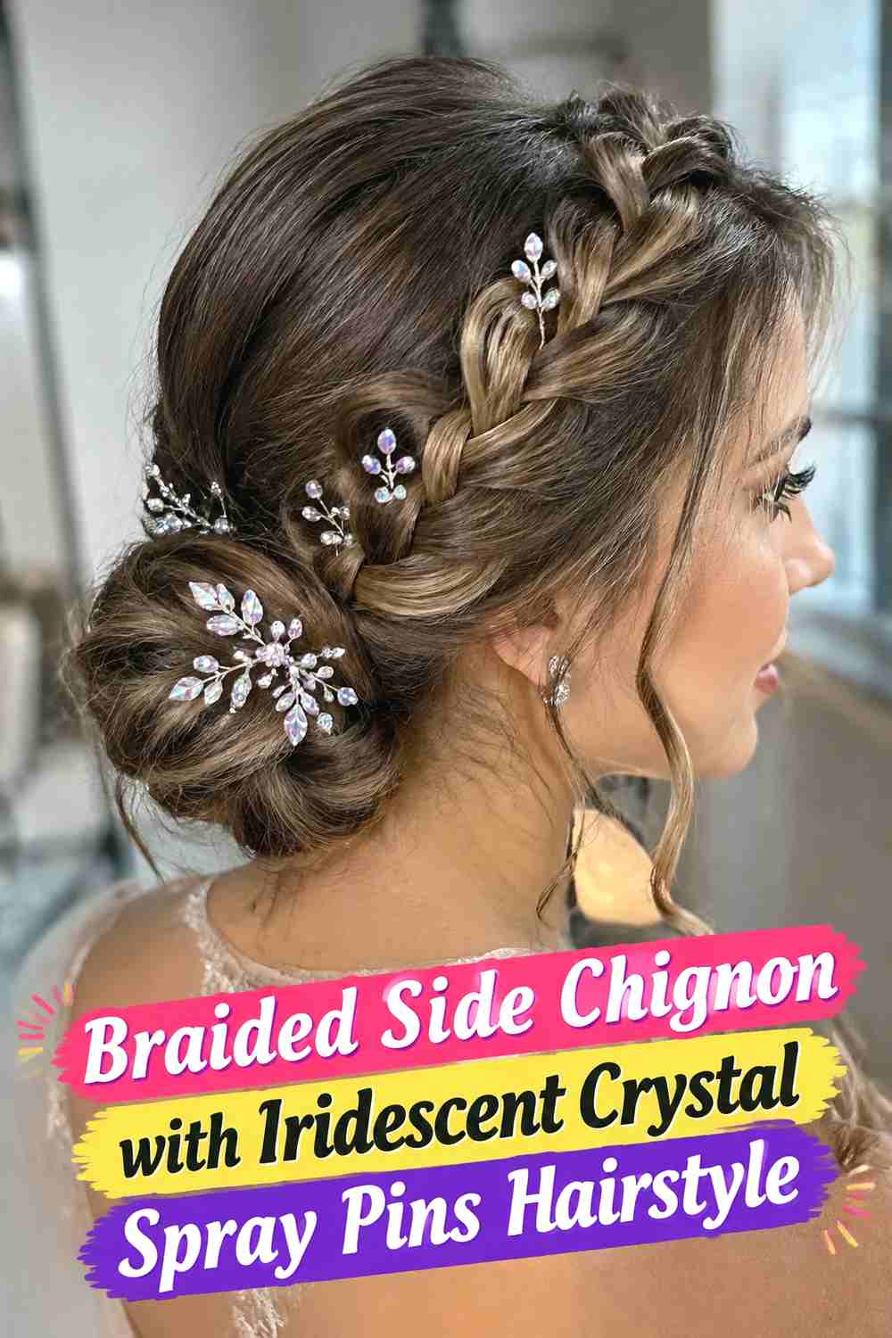 4. Braided Side Chignon With Iridescent Crystal Spray Pins Hairstyle