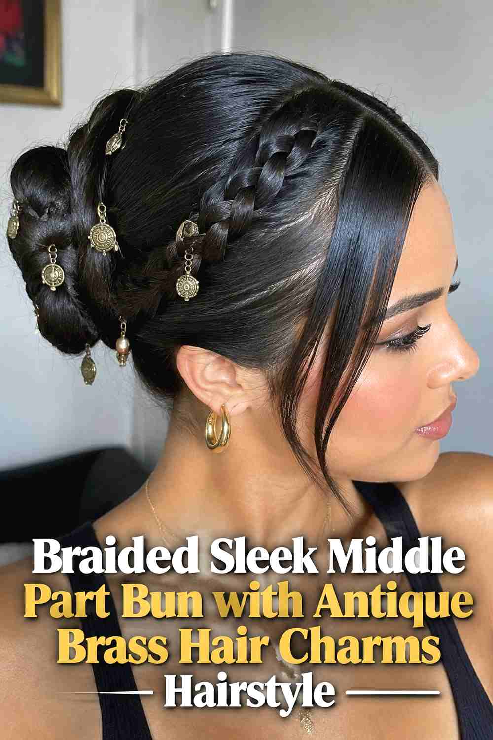 7. Braided Sleek Middle Part Bun With Antique Brass Hair Charms Hairstyle