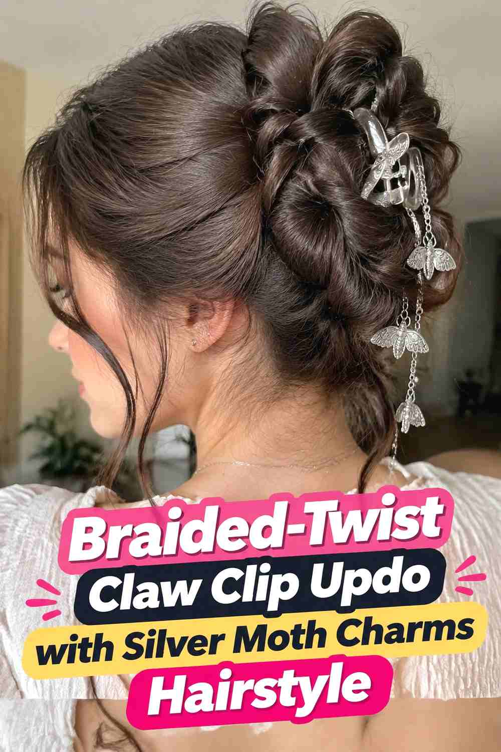 8. Braided Twist Claw Clip Updo With Silver Moth Charms Hairstyle