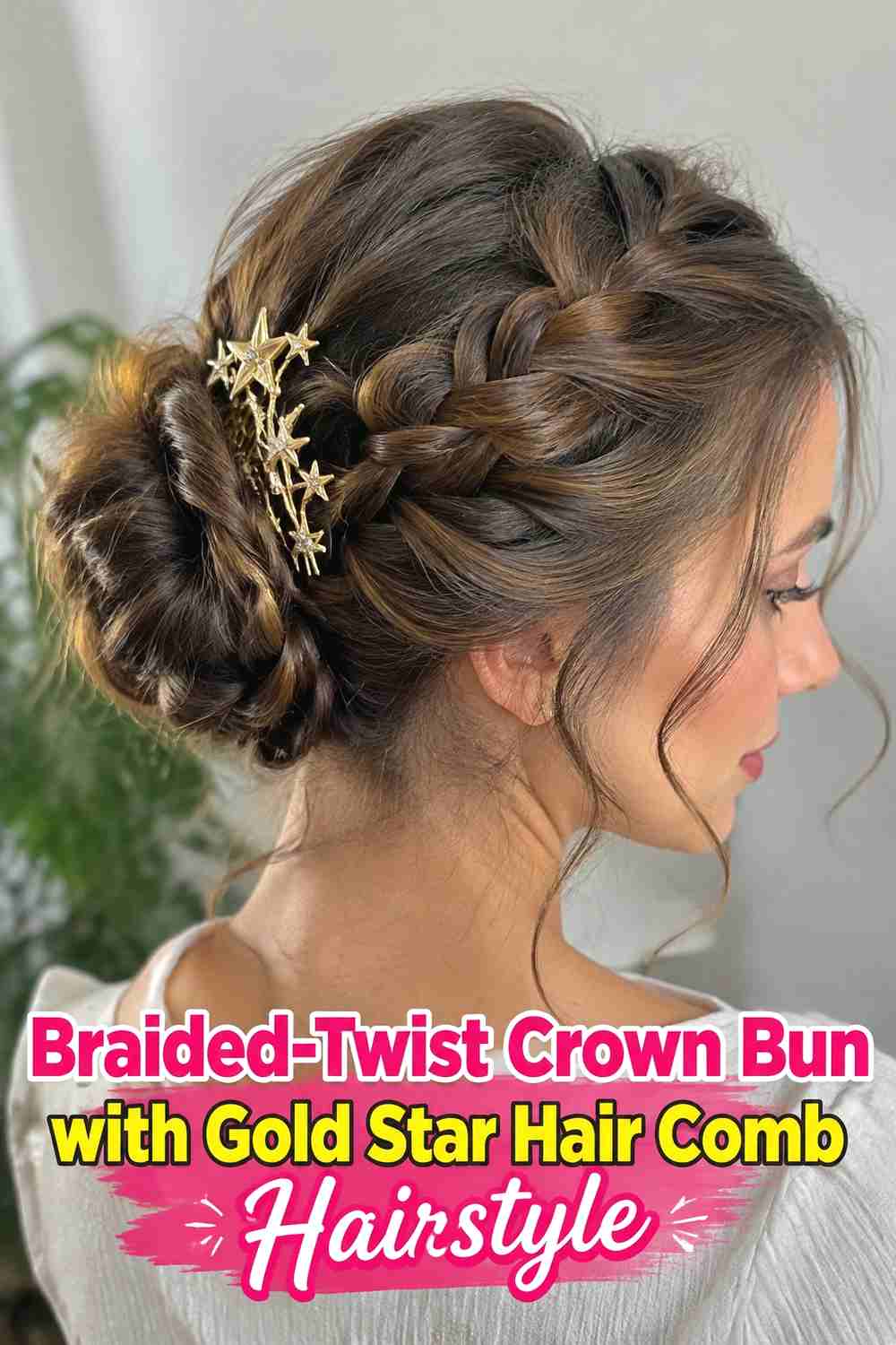 4. Braided Twist Crown Bun With Gold Star Hair Comb Hairstyle