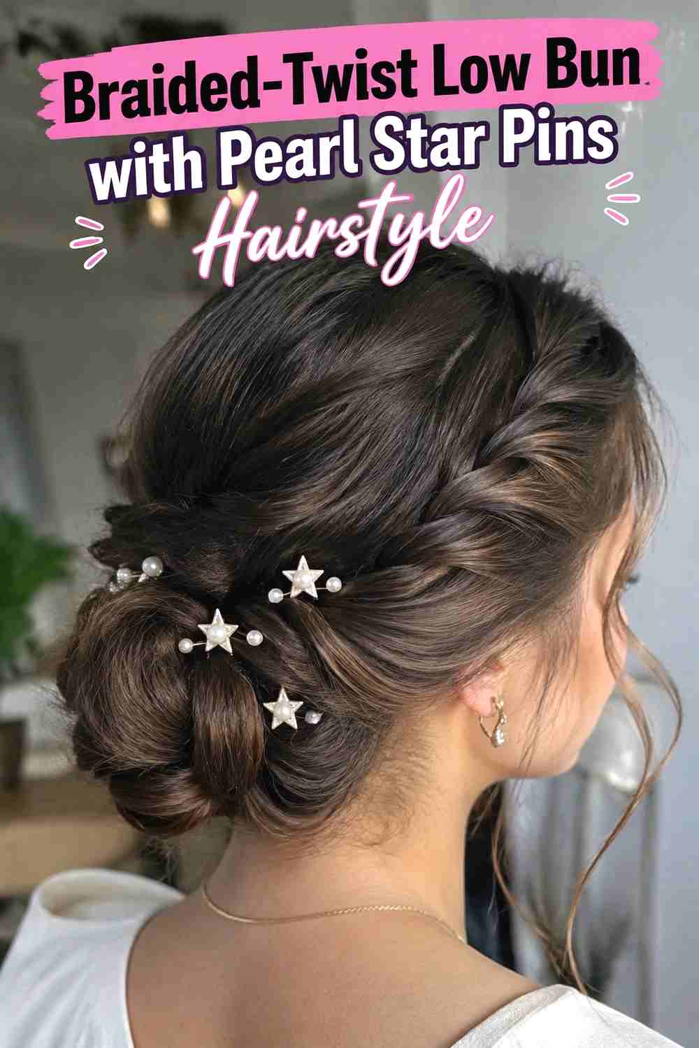 6. Braided Twist Low Bun With Pearl Star Pins Hairstyle