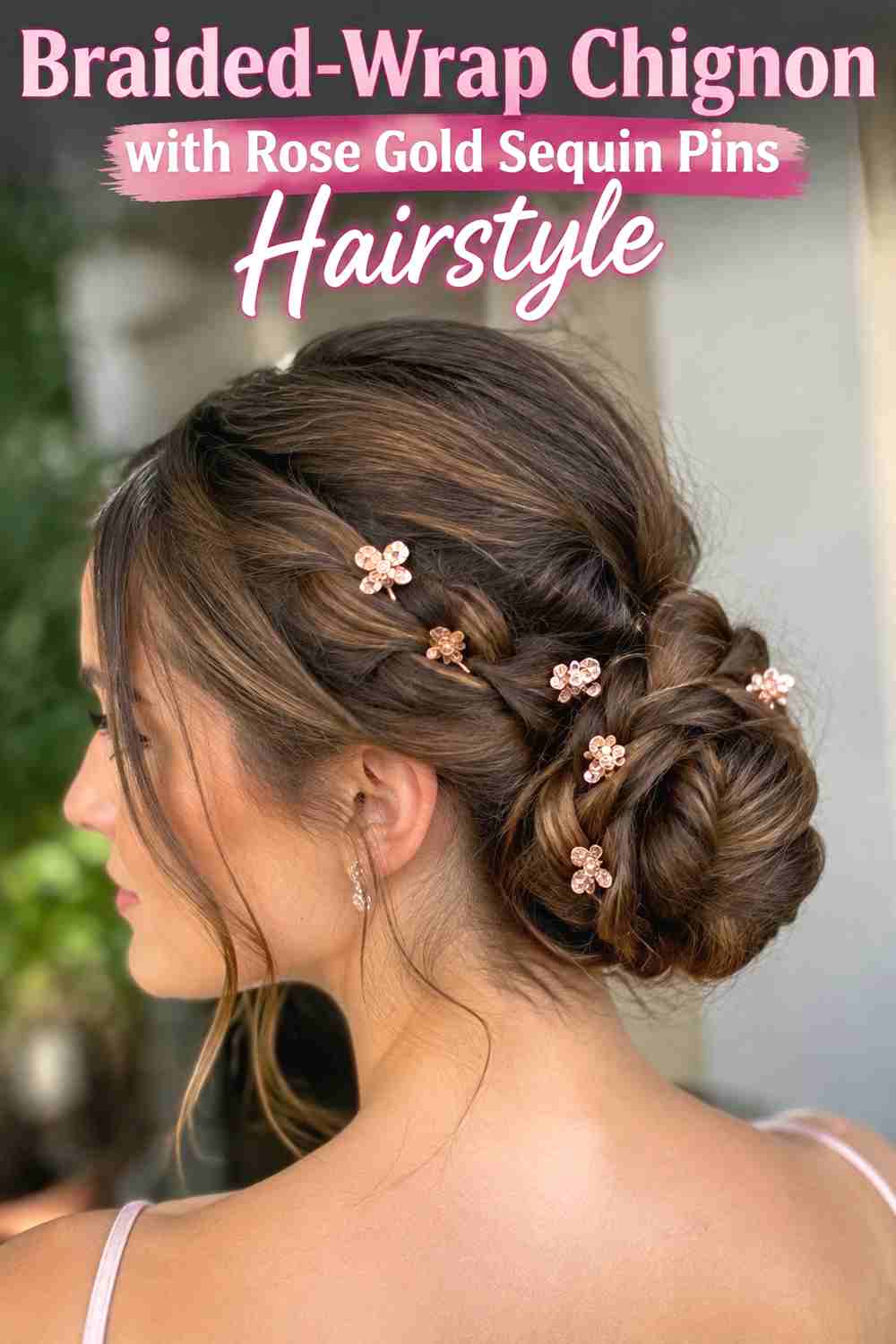 6. Braided Wrap Chignon With Rose Gold Sequin Pins Hairstyle