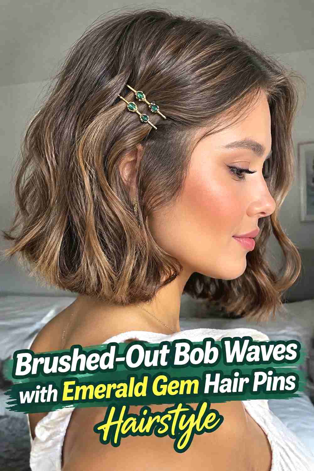 4. Brushed Out Bob Waves With Emerald Gem Hair Pins Hairstyle