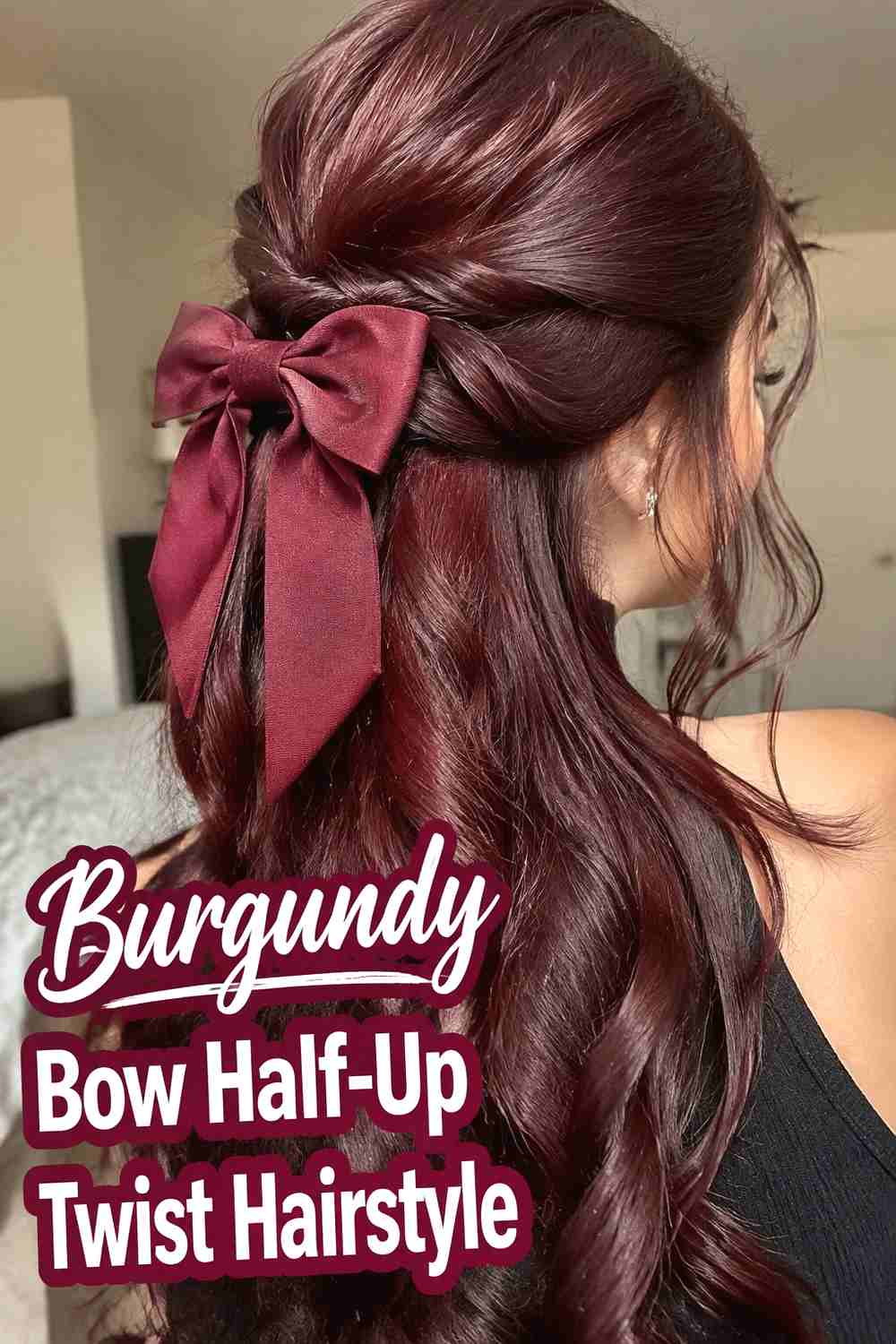 14. Burgundy Bow Half Up Twist Hairstyle