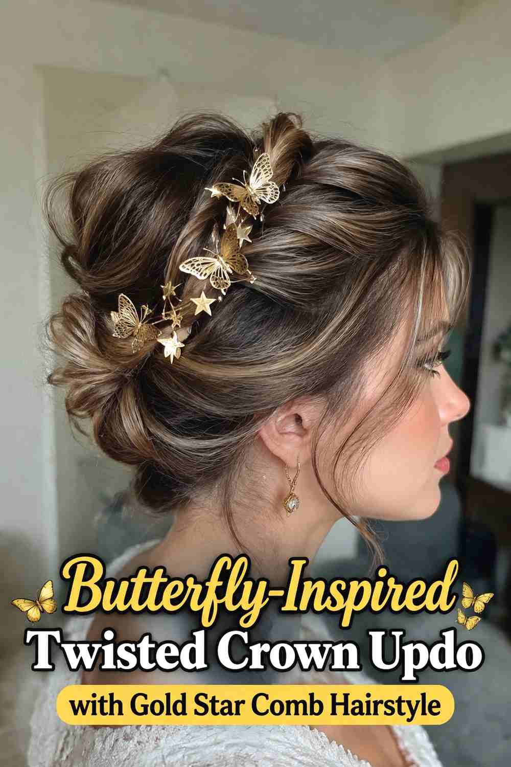 9. Butterfly Inspired Twisted Crown Updo With Gold Star Comb Hairstyle