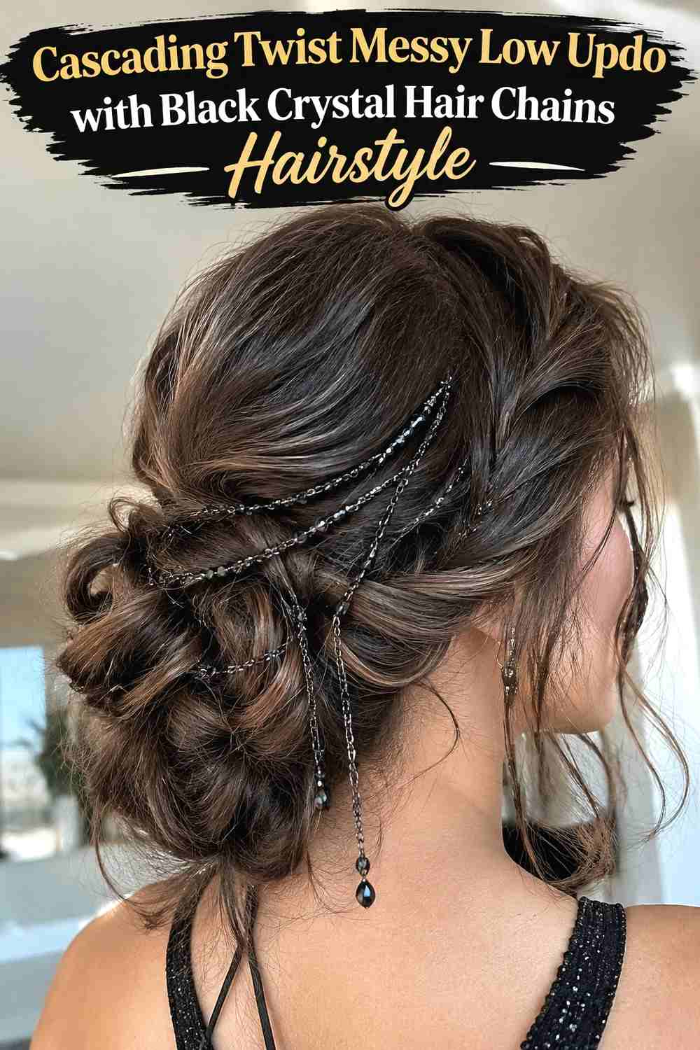 12. Cascading Twist Messy Low Updo With Black Crystal Hair Chains Hairstyle