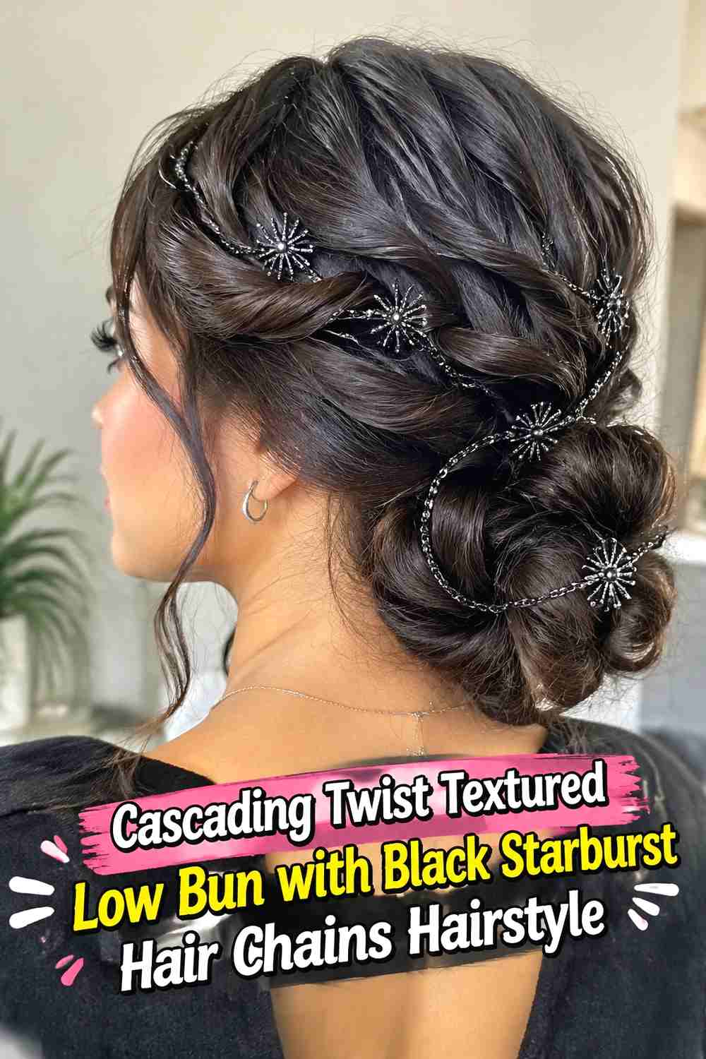 16. Cascading Twist Textured Low Bun With Black Starburst Hair Chains Hairstyle