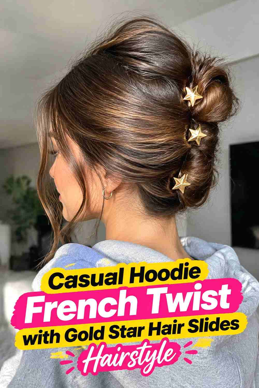 10. Casual Hoodie French Twist With Gold Star Hair Slides Hairstyle