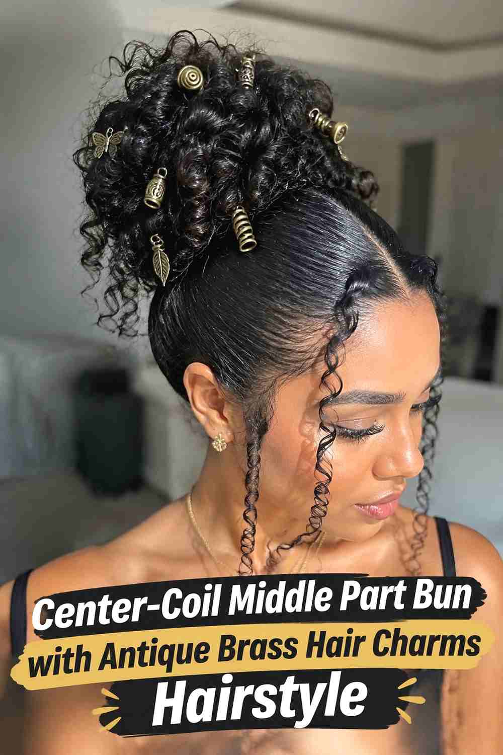 15. Center Coil Middle Part Bun With Antique Brass Hair Charms Hairstyle