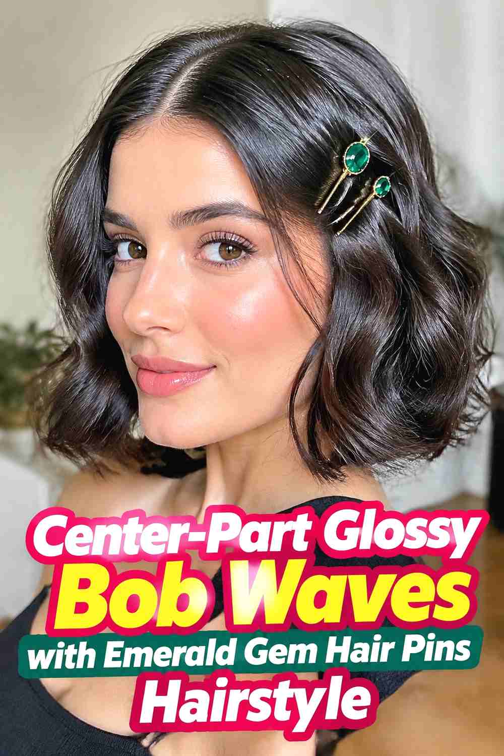 2. Center Part Glossy Bob Waves With Emerald Gem Hair Pins Hairstyle