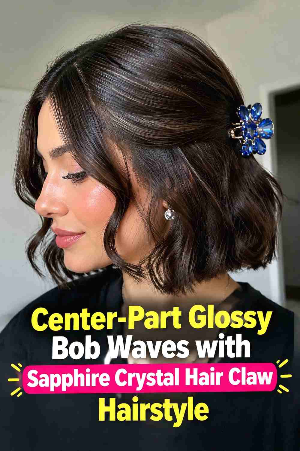 2. Center Part Glossy Bob Waves With Sapphire Crystal Hair Claw Hairstyle