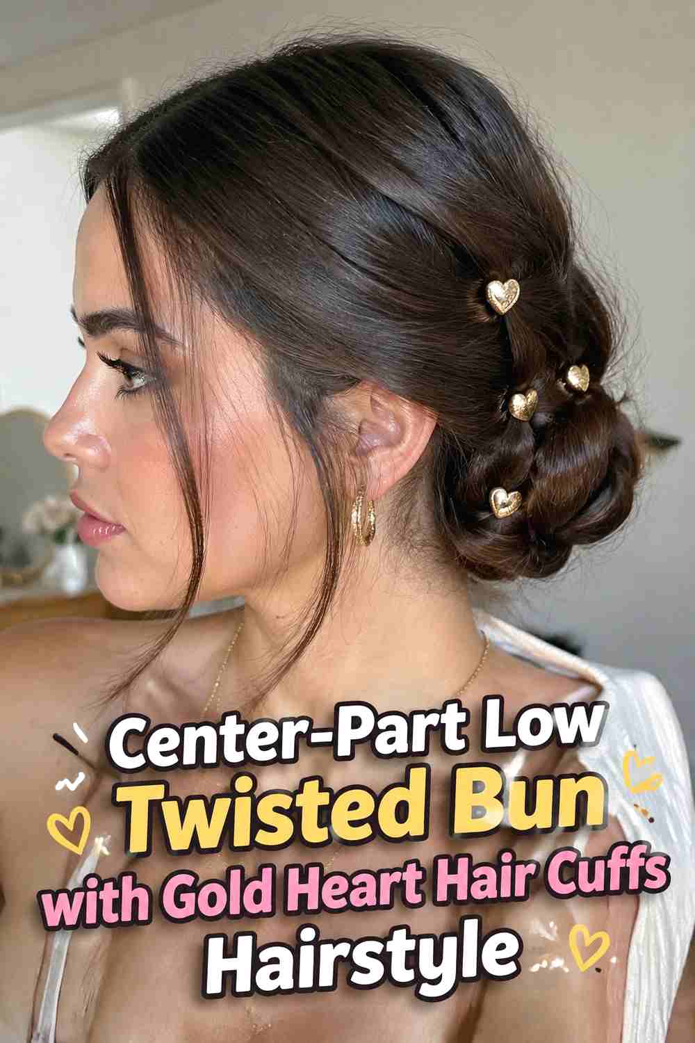 2. Center Part Low Twisted Bun With Gold Heart Hair Cuffs Hairstyle