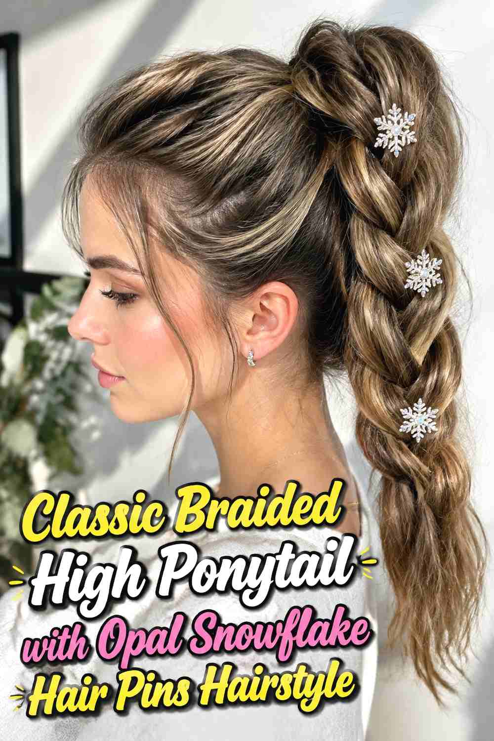 1. Classic Braided High Ponytail With Opal Snowflake Hair Pins Hairstyle