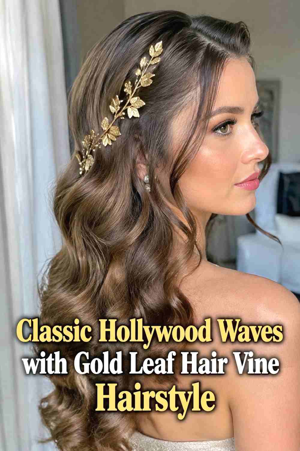 6. Classic Hollywood Waves With Gold Leaf Hair Vine Hairstyle