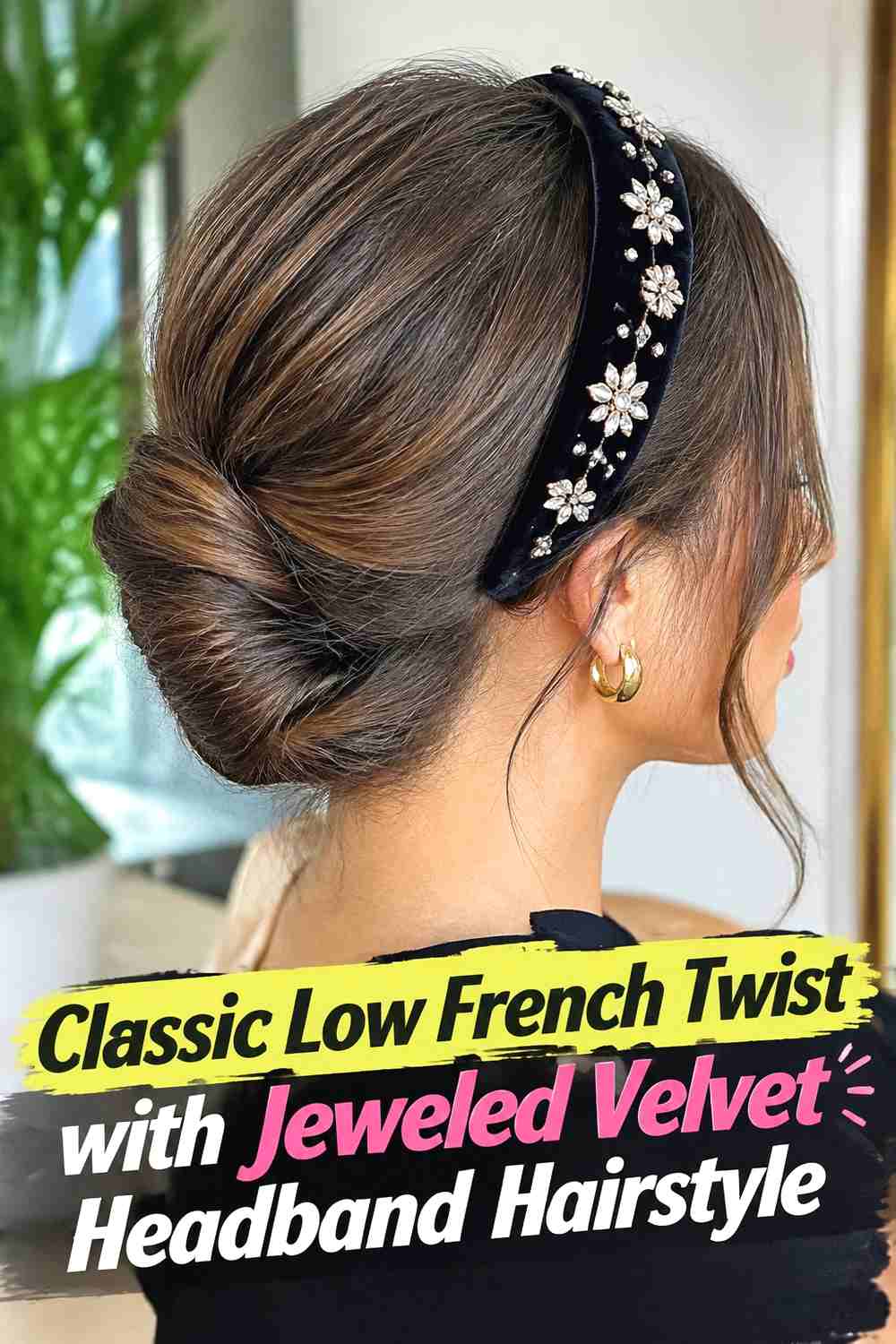 1. Classic Low French Twist With Jeweled Velvet Headband Hairstyle