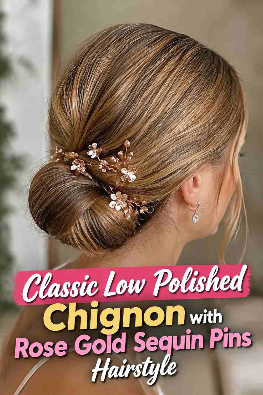 2. Classic Low Polished Chignon With Rose Gold Sequin Pins Hairstyle