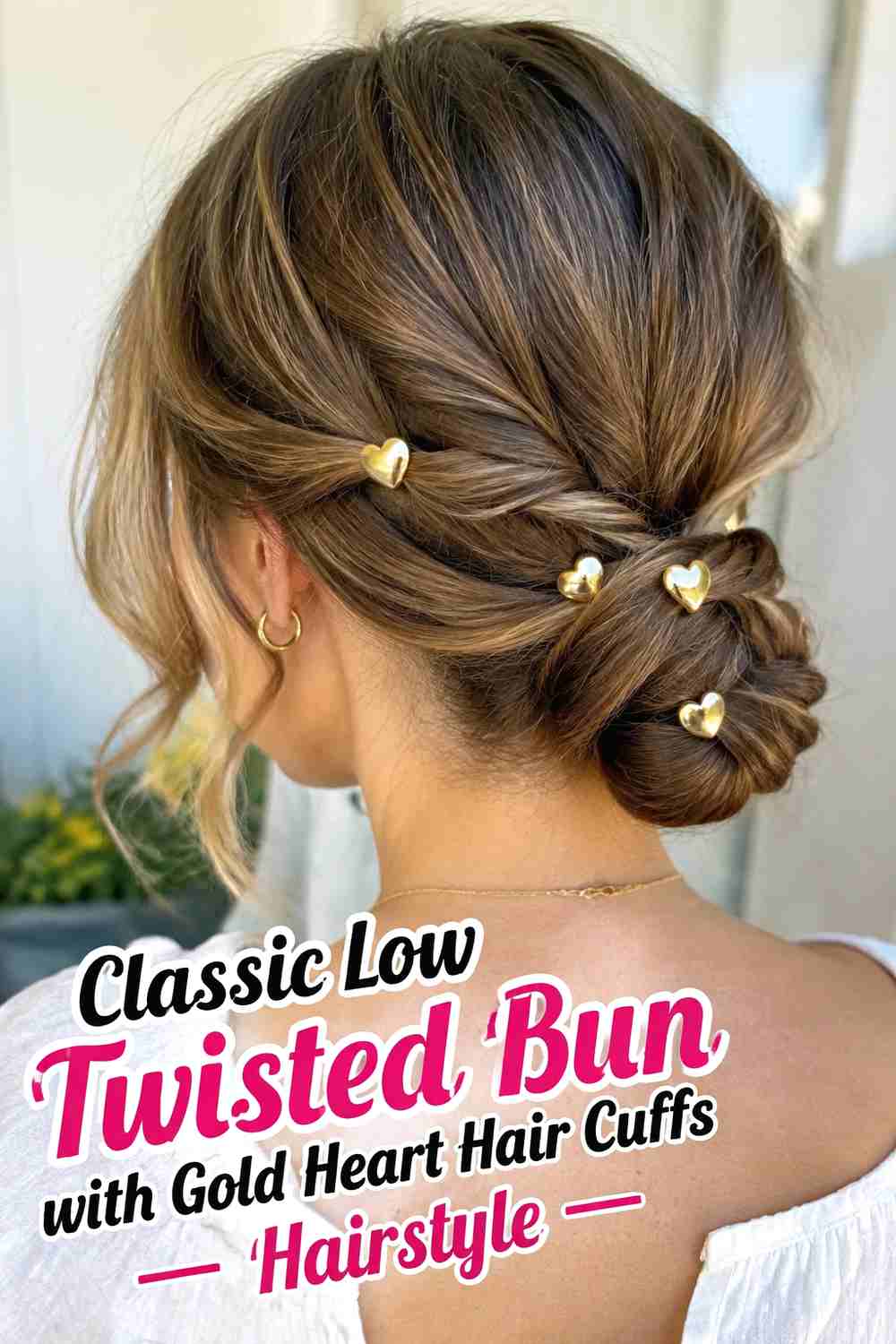 1. Classic Low Twisted Bun With Gold Heart Hair Cuffs Hairstyle