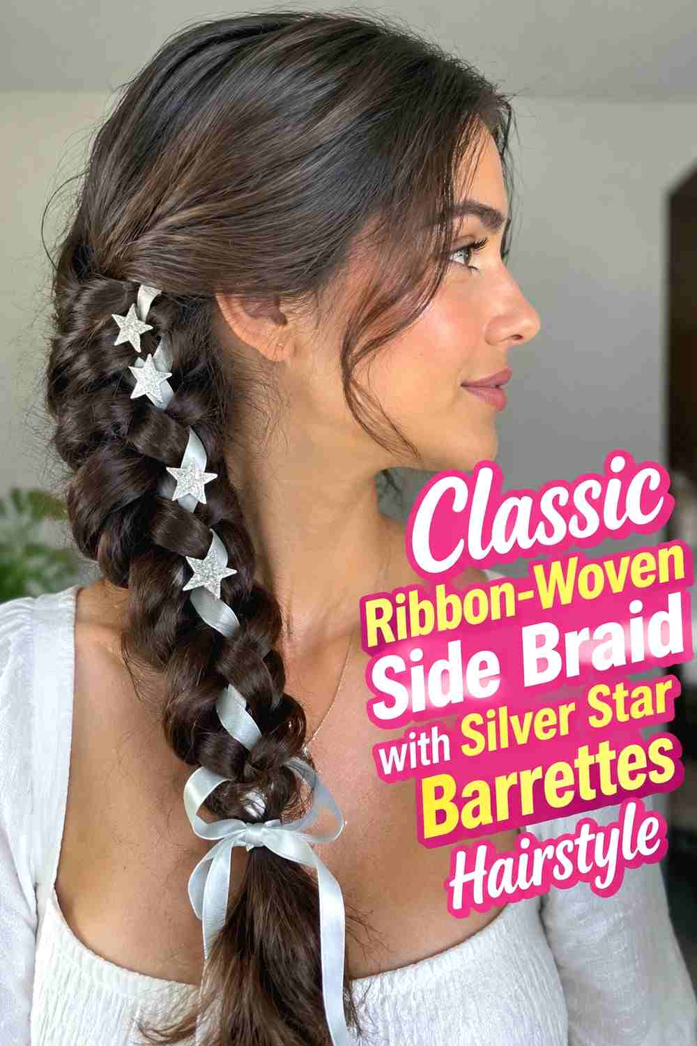 1. Classic Ribbon Woven Side Braid With Silver Star Barrettes Hairstyle