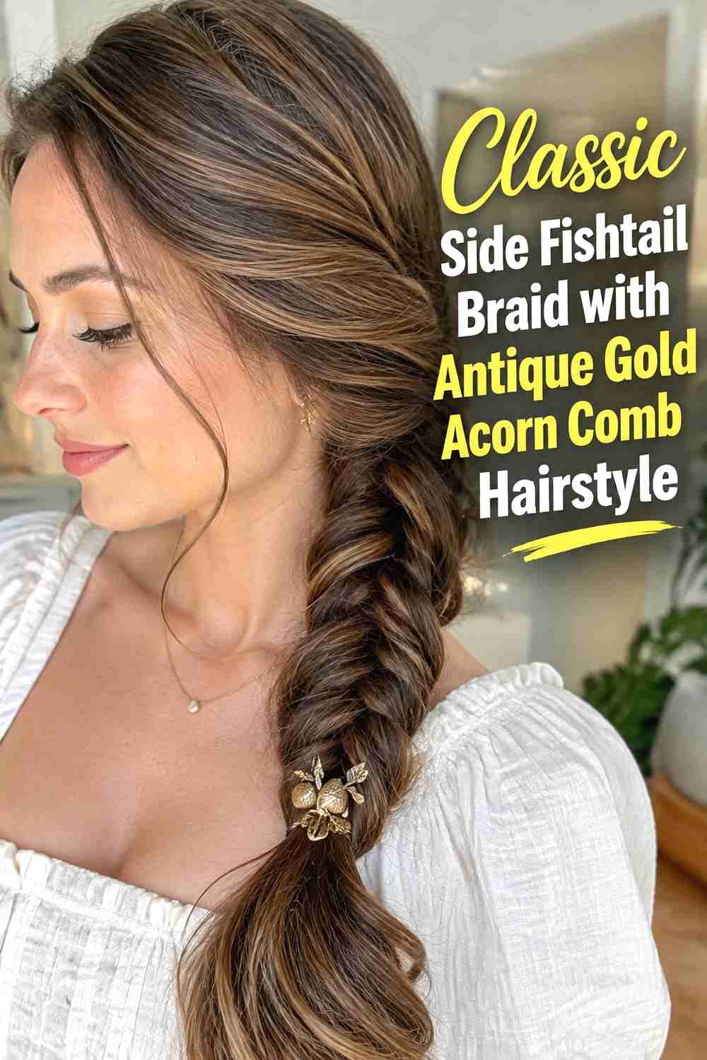 1. Classic Side Fishtail Braid With Antique Gold Acorn Comb Hairstyle