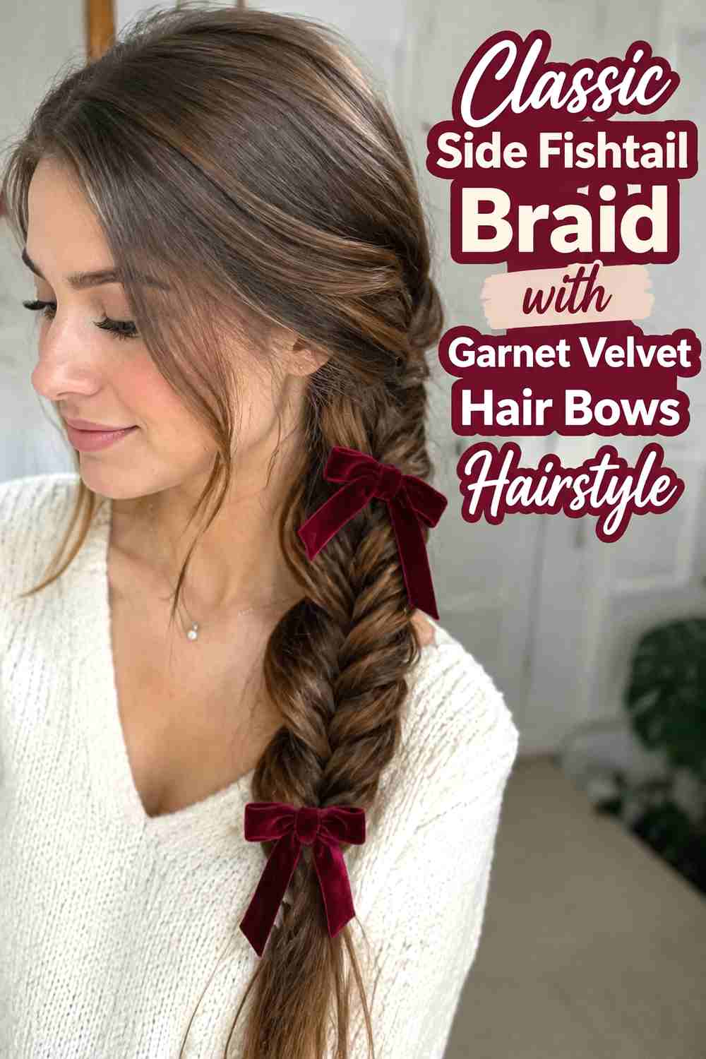 1. Classic Side Fishtail Braid With Garnet Velvet Hair Bows Hairstyle