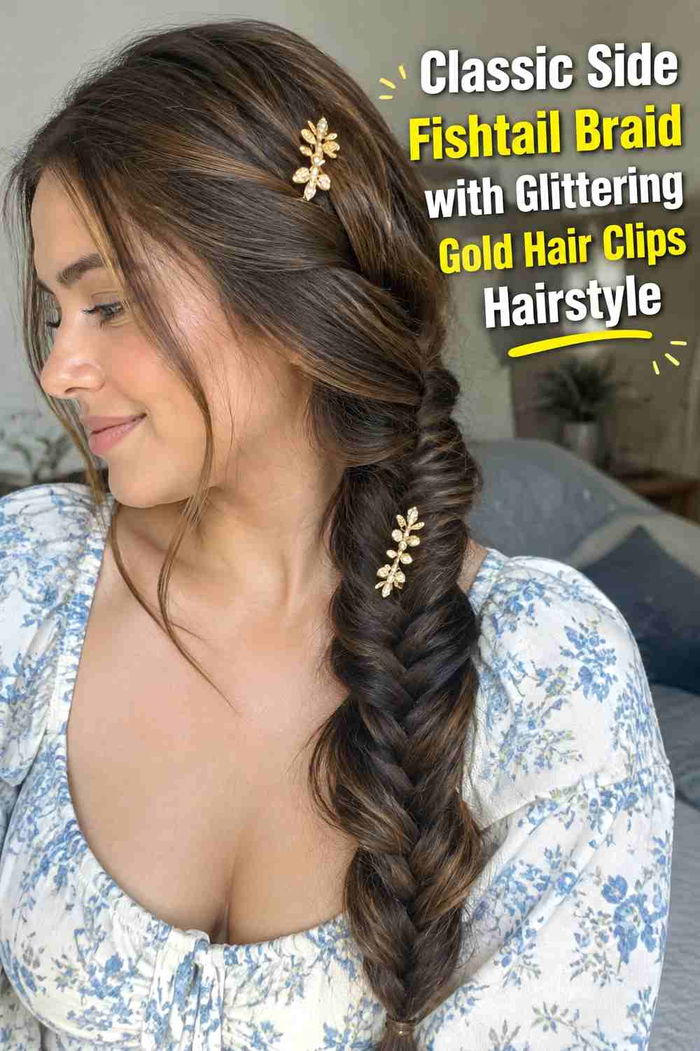 1. Classic Side Fishtail Braid With Glittering Gold Hair Clips Hairstyle