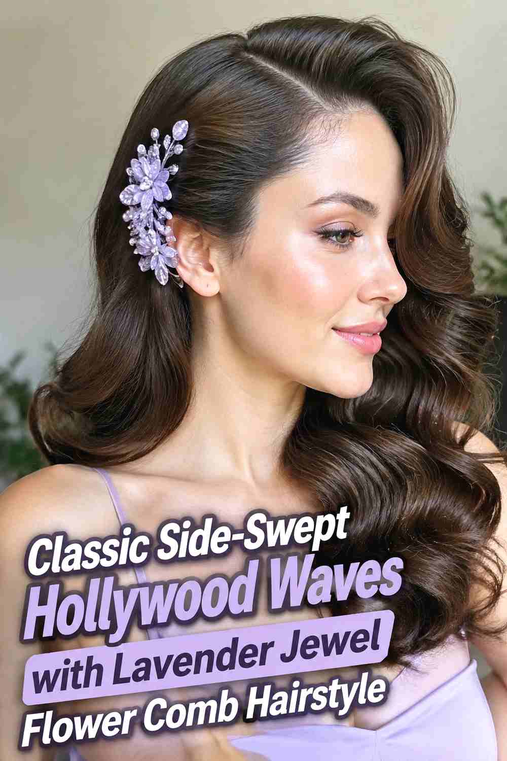 1. Classic Side Swept Hollywood Waves With Lavender Jewel Flower Comb Hairstyle