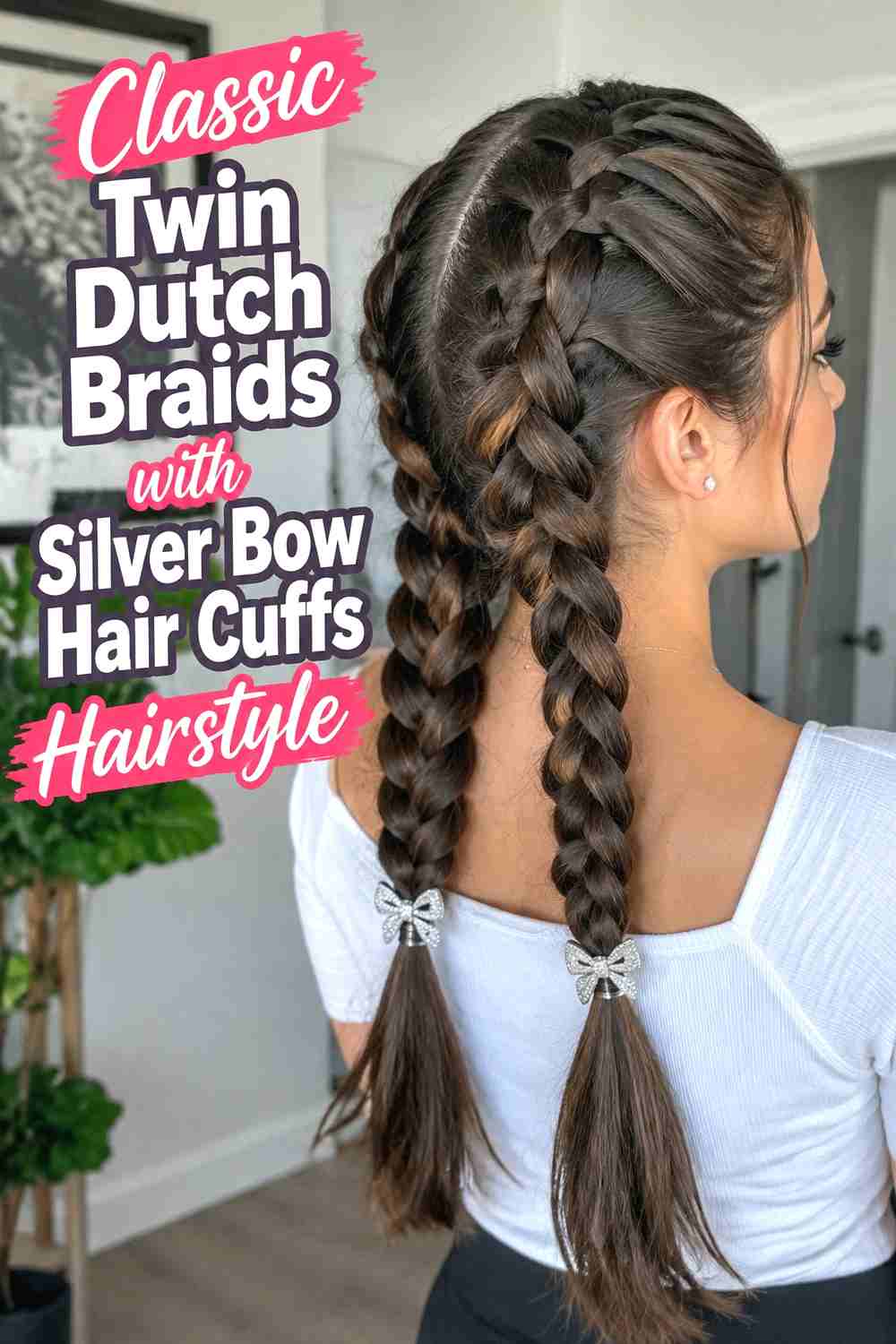 1. Classic Twin Dutch Braids With Silver Bow Hair Cuffs Hairstyle
