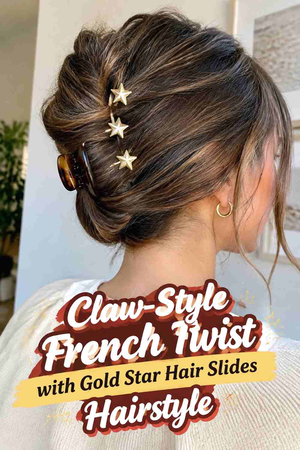 6. Claw Style French Twist With Gold Star Hair Slides Hairstyle