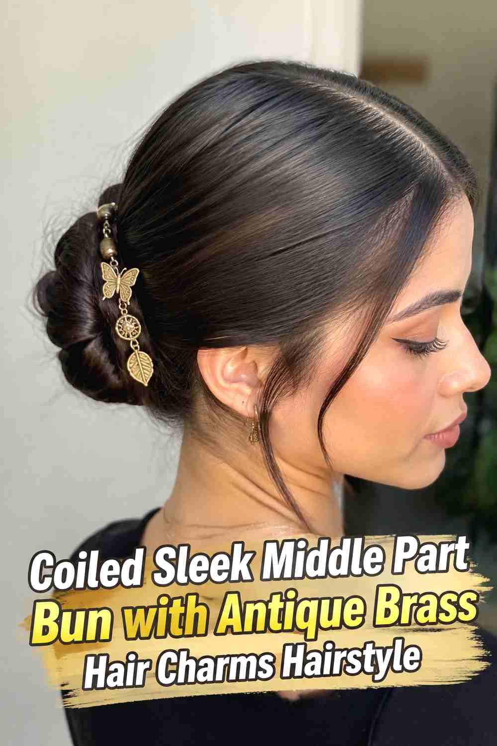 8. Coiled Sleek Middle Part Bun With Antique Brass Hair Charms Hairstyle