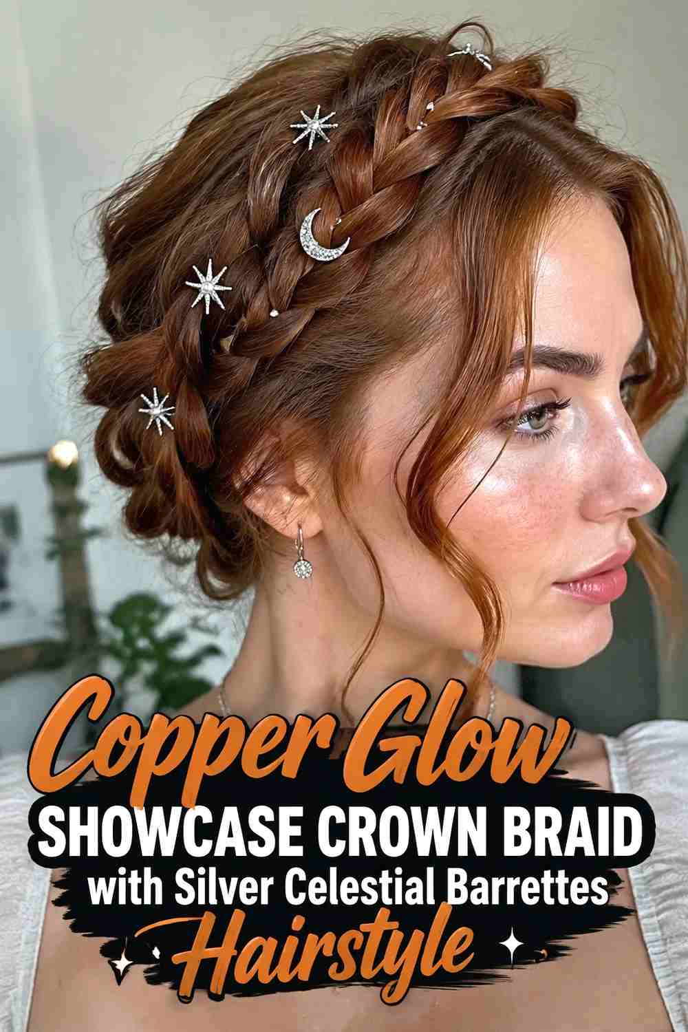 13. Copper Glow Showcase Crown Braid With Silver Celestial Barrettes Hairstyle