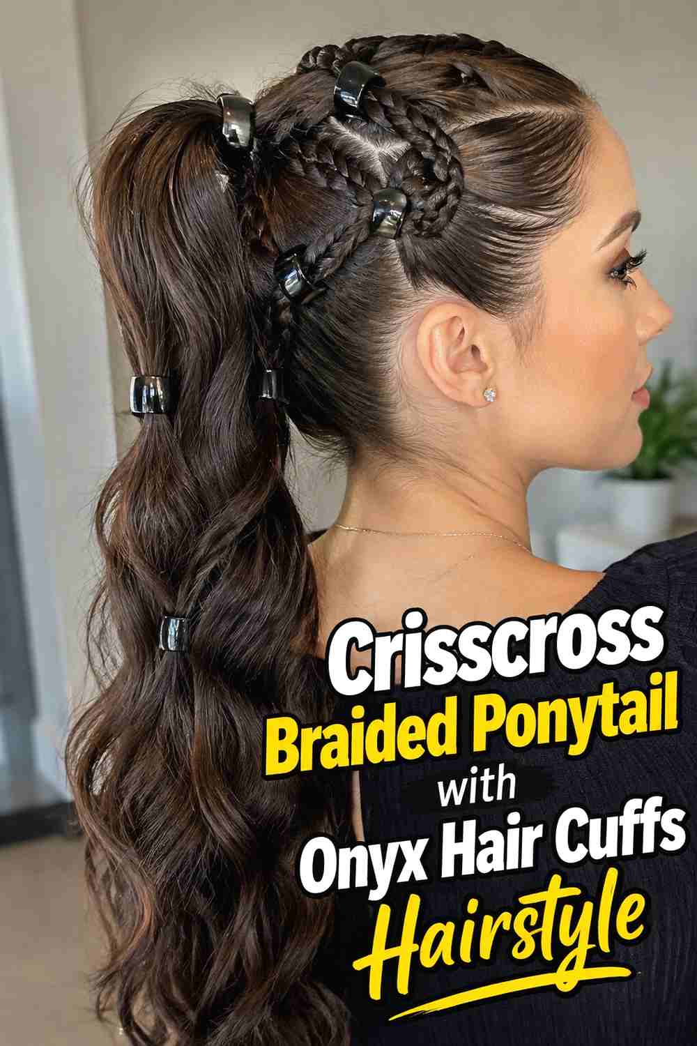 9. Crisscross Braided Ponytail With Onyx Hair Cuffs Hairstyle