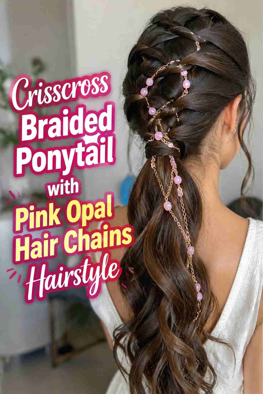 10. Crisscross Braided Ponytail With Pink Opal Hair Chains Hairstyle