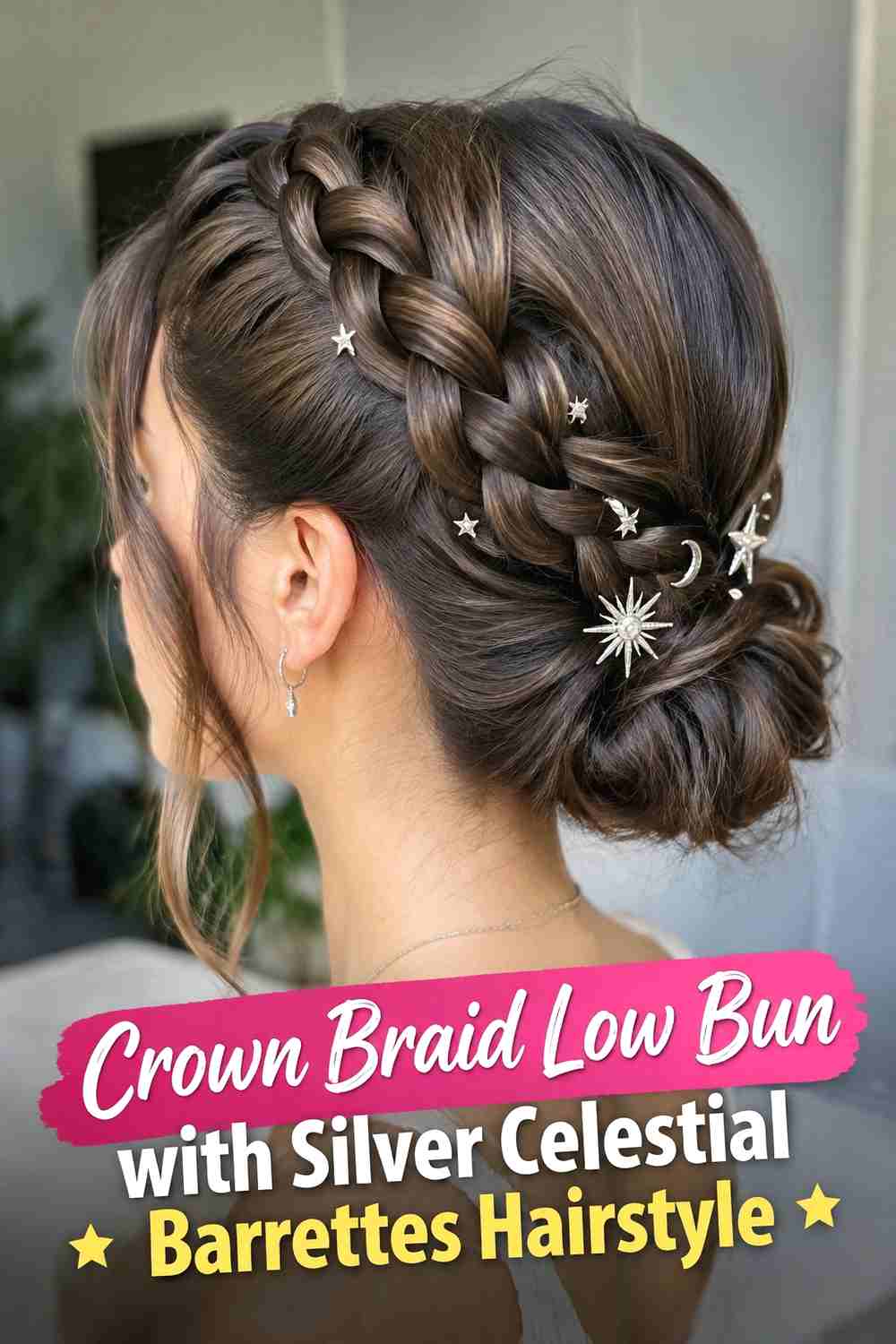 8. Crown Braid Low Bun With Silver Celestial Barrettes Hairstyle