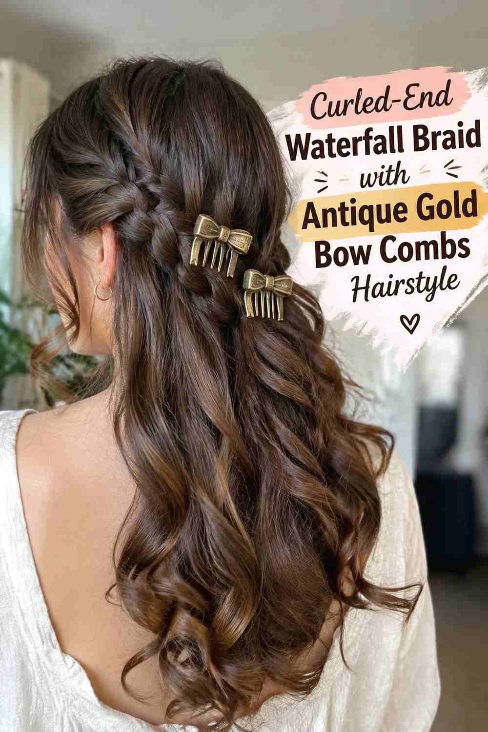 6. Curled End Waterfall Braid With Antique Gold Bow Combs Hairstyle