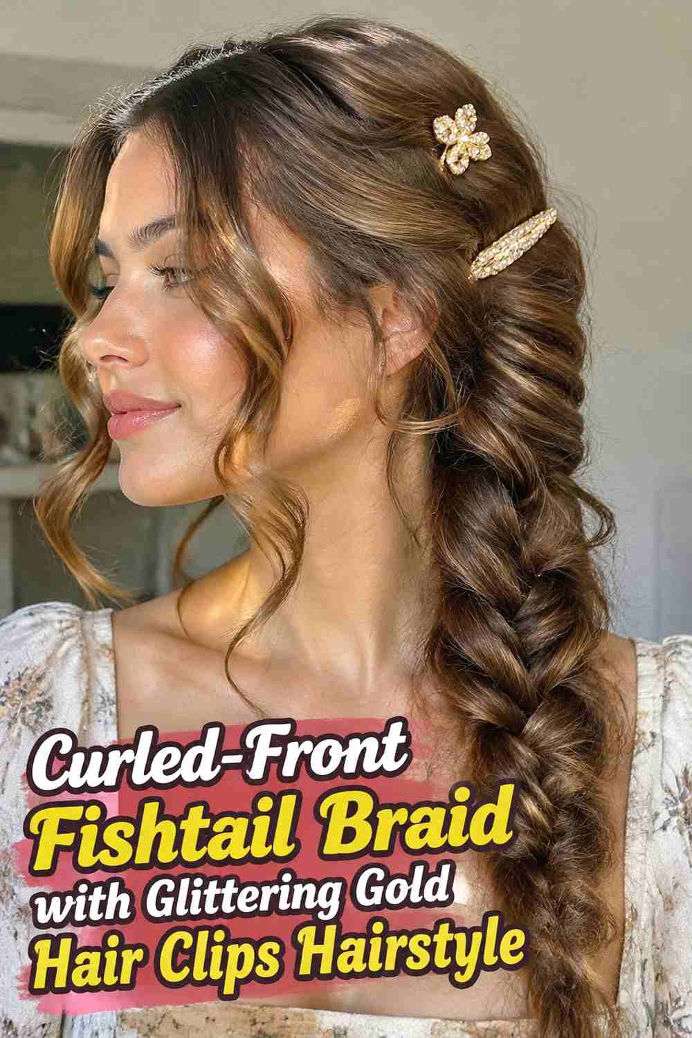 13. Curled Front Fishtail Braid With Glittering Gold Hair Clips Hairstyle