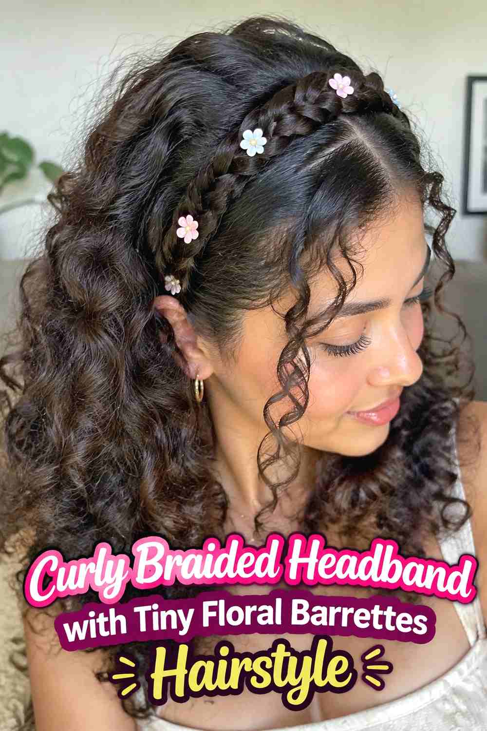 8. Curly Braided Headband With Tiny Floral Barrettes Hairstyle