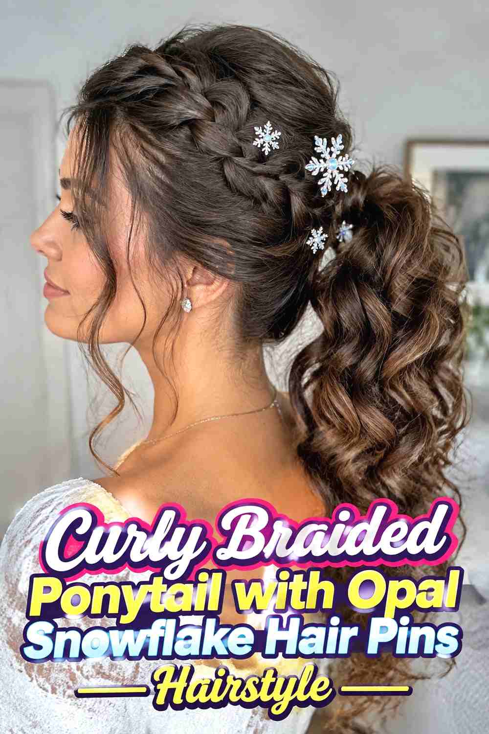 9. Curly Braided Ponytail With Opal Snowflake Hair Pins Hairstyle