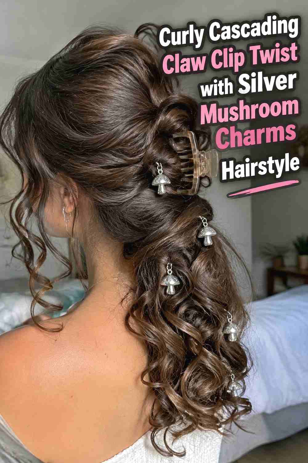 5. Curly Cascading Claw Clip Twist With Silver Mushroom Charms Hairstyle