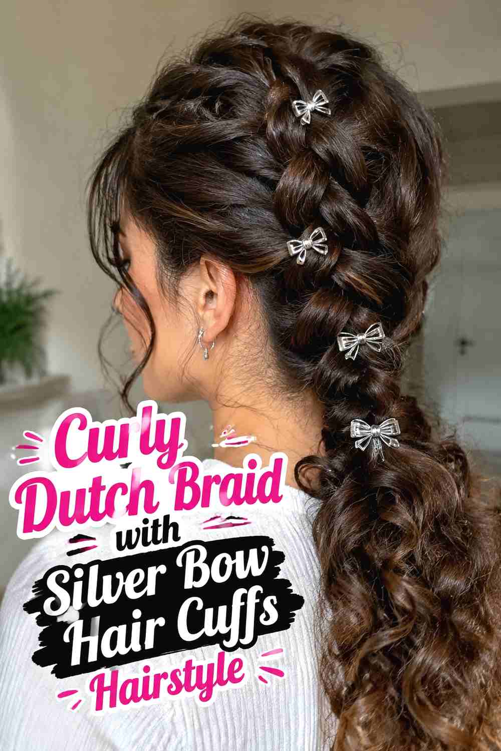 8. Curly Dutch Braid With Silver Bow Hair Cuffs Hairstyle