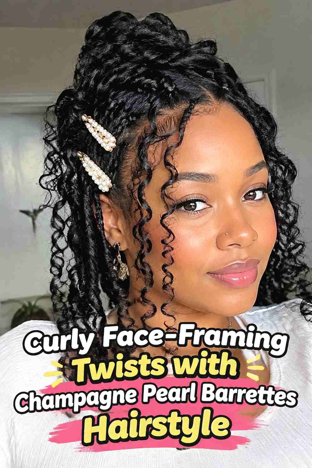 7. Curly Face Framing Twists With Champagne Pearl Barrettes Hairstyle