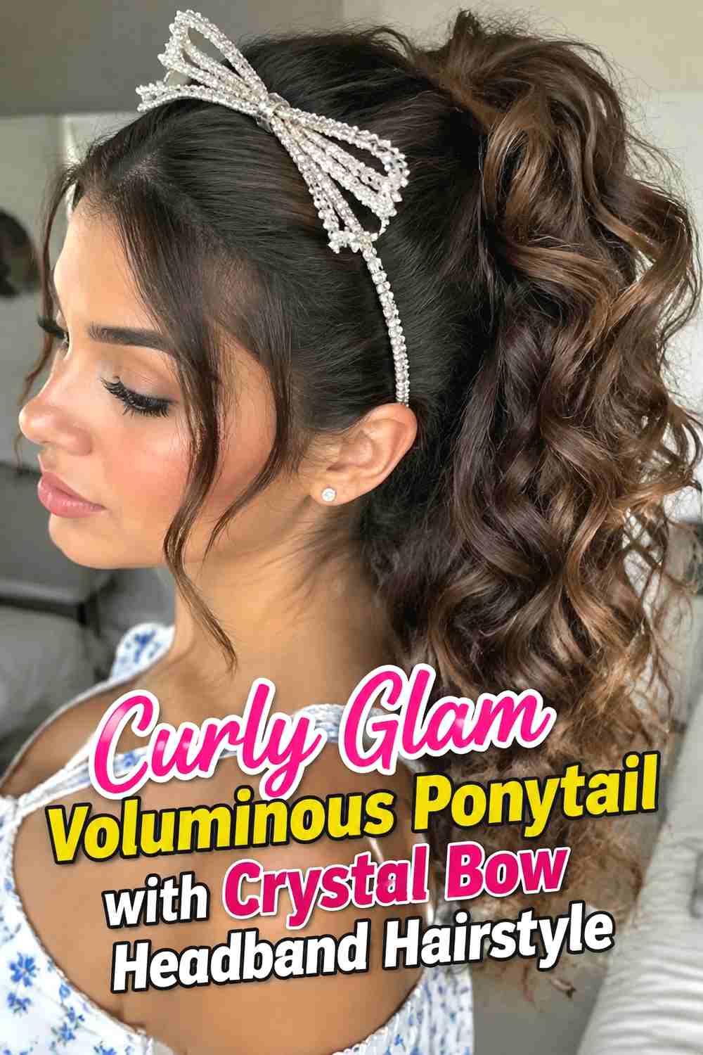 7. Curly Glam Voluminous Ponytail With Crystal Bow Headband Hairstyle