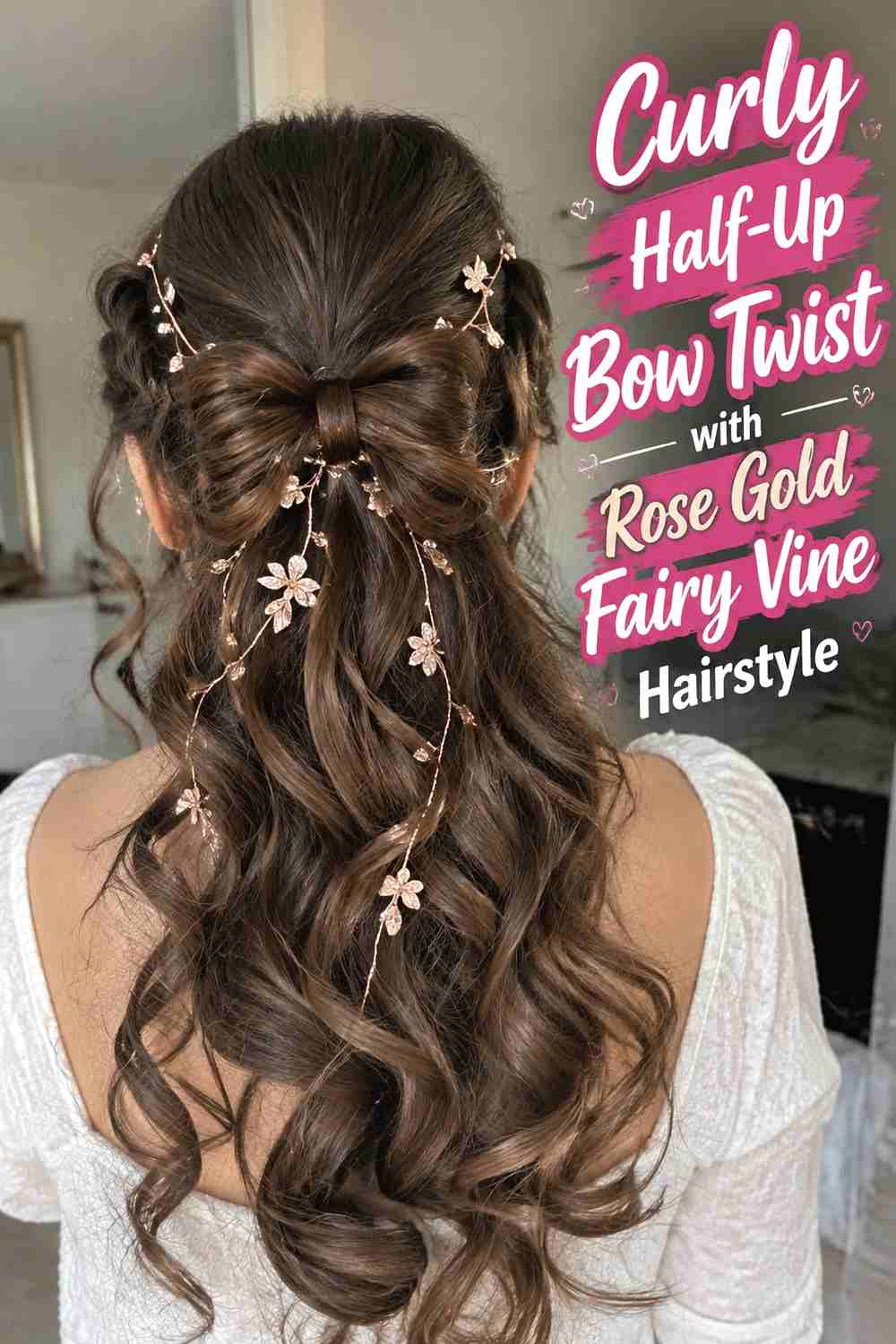 13. Curly Half Up Bow Twist With Rose Gold Fairy Vine Hairstyle