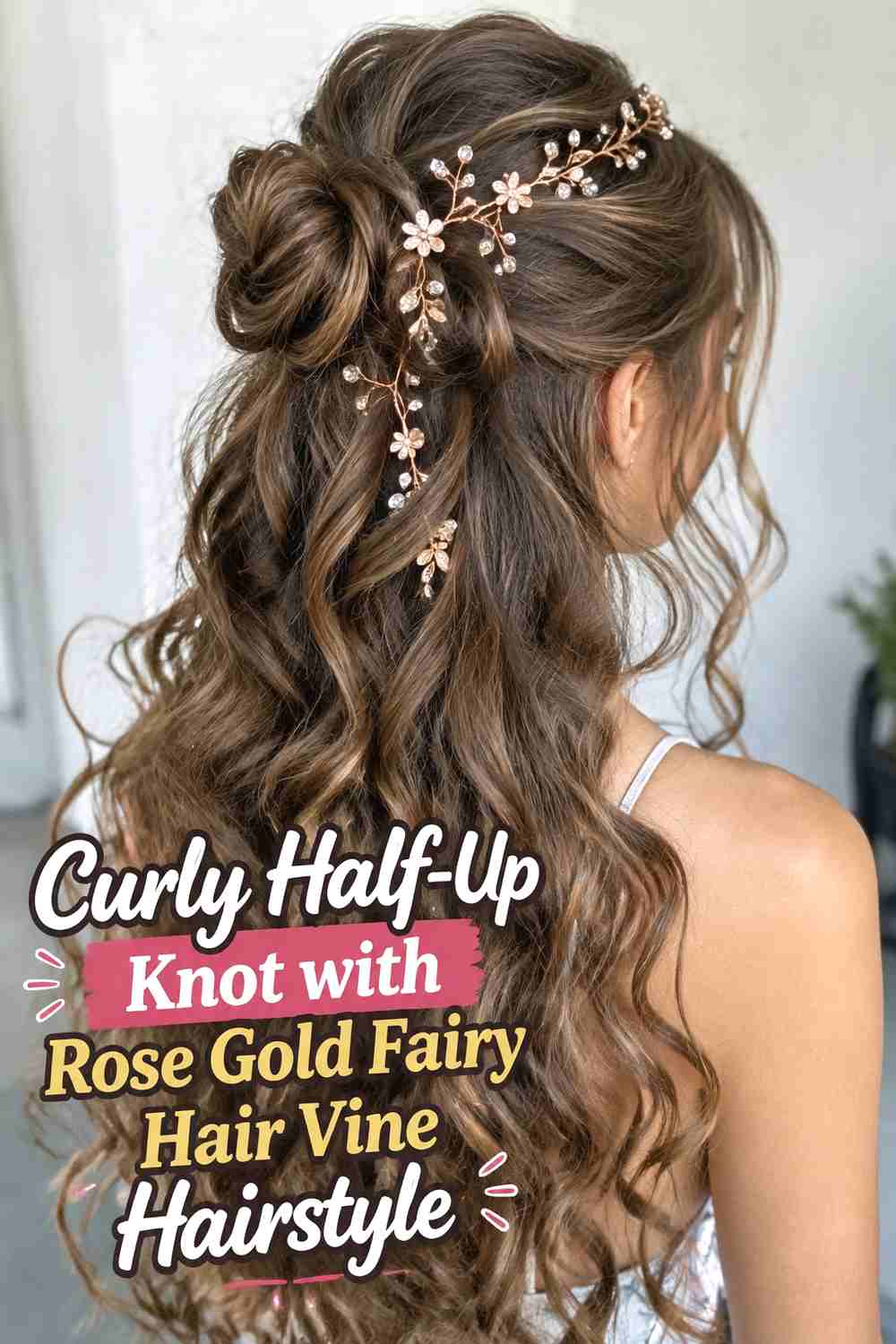 5. Curly Half Up Knot With Rose Gold Fairy Hair Vine Hairstyle