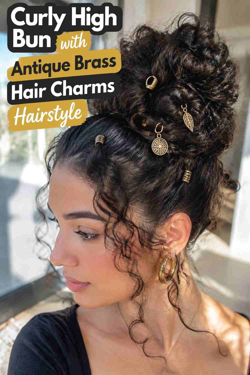 5. Curly High Bun With Antique Brass Hair Charms Hairstyle