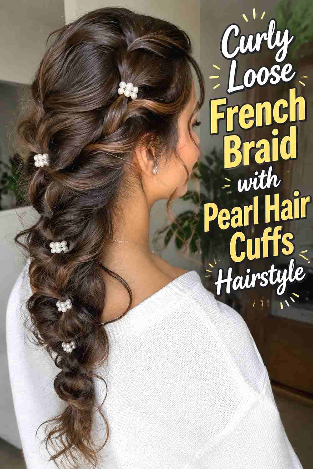 10. Curly Loose French Braid With Pearl Hair Cuffs Hairstyle