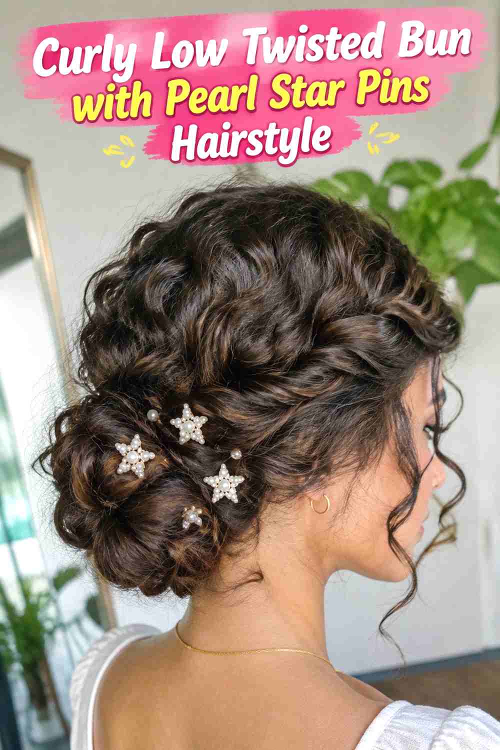 9. Curly Low Twisted Bun With Pearl Star Pins Hairstyle