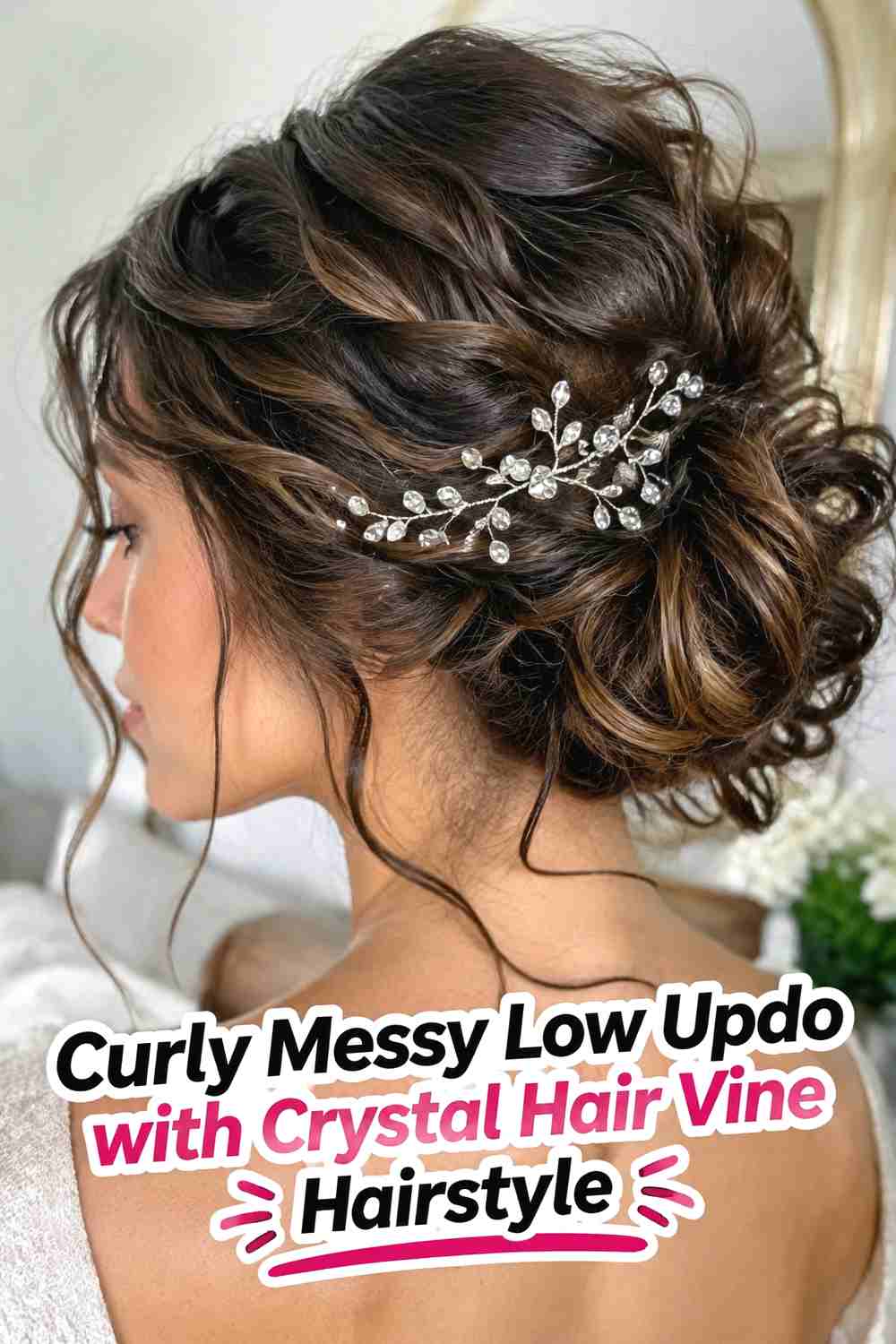 4. Curly Messy Low Updo With Crystal Hair Vine Hairstyle