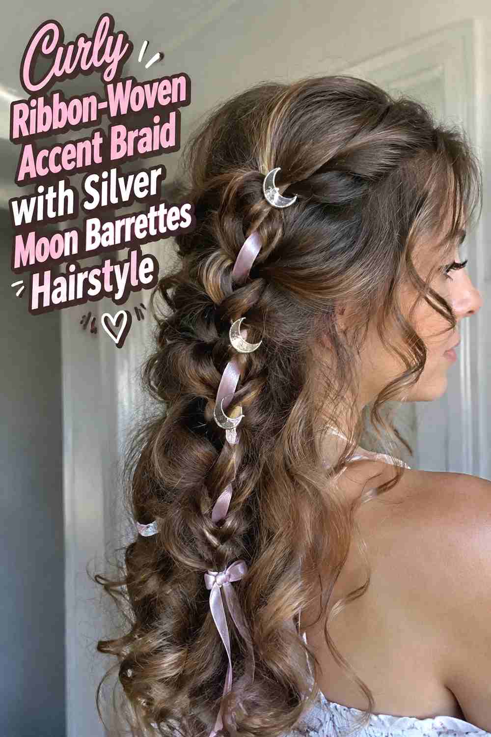 11. Curly Ribbon Woven Accent Braid With Silver Moon Barrettes Hairstyle