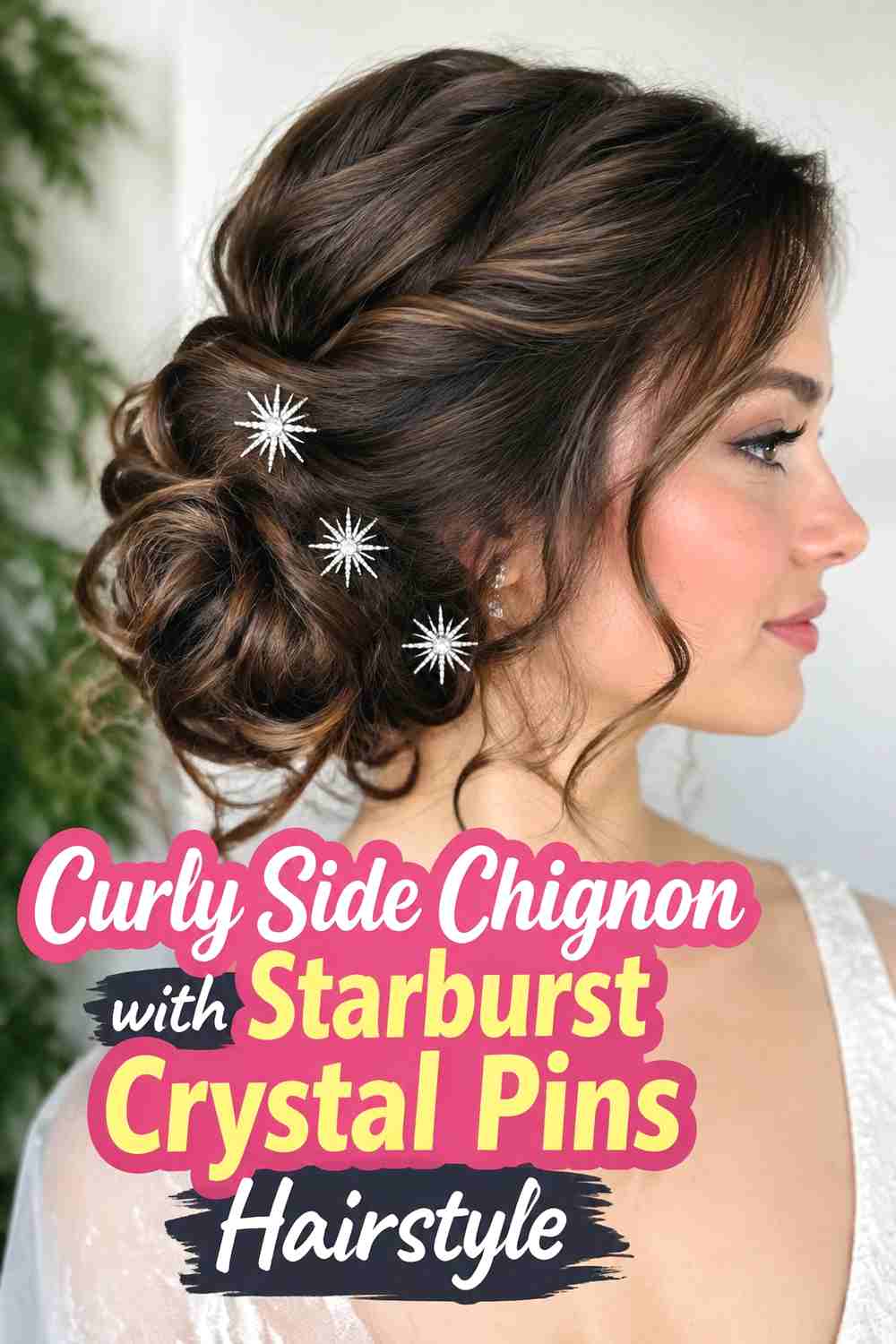 7. Curly Side Chignon With Starburst Crystal Pins Hairstyle