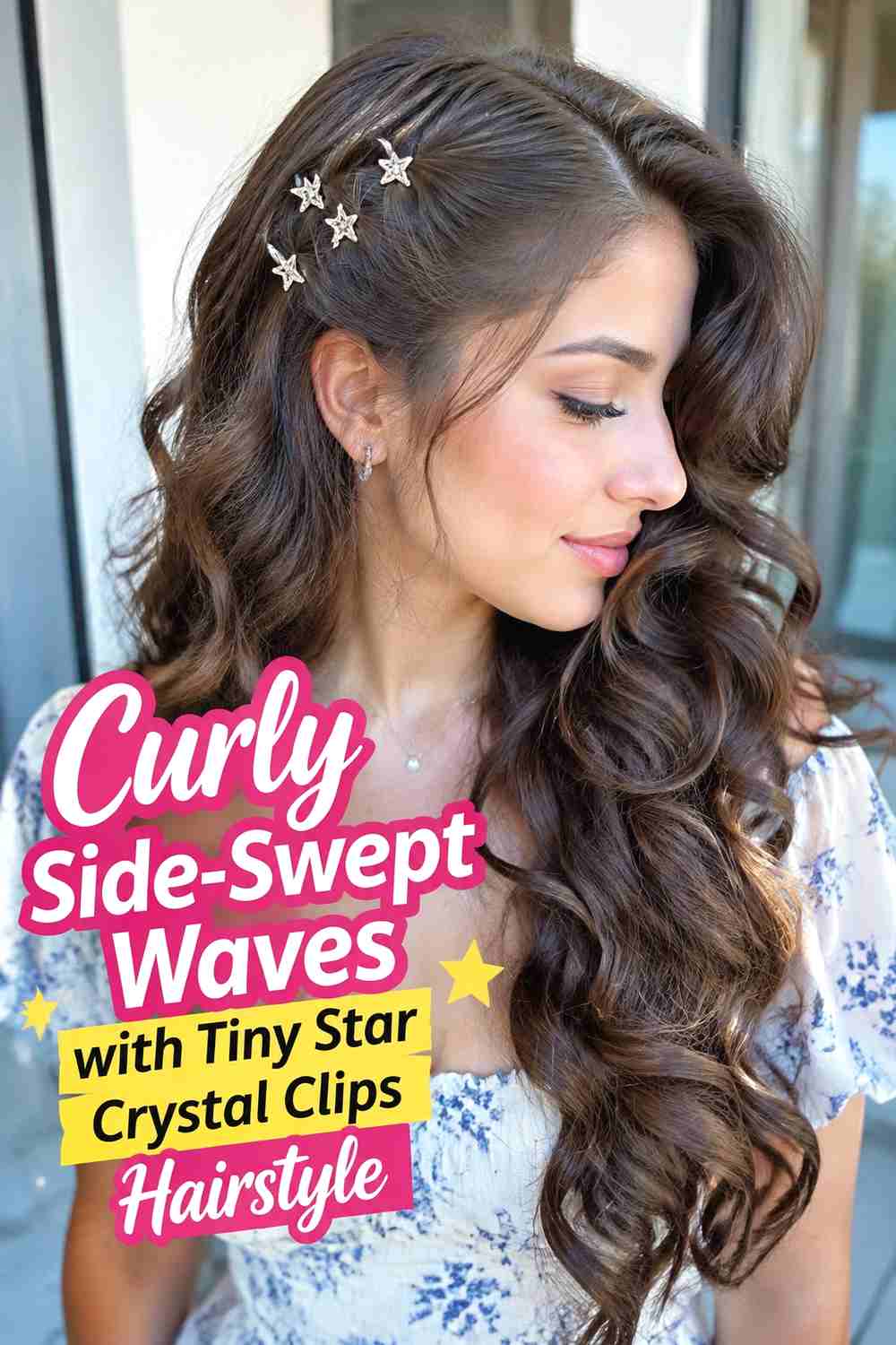 15. Curly Side Swept Waves With Tiny Star Crystal Clips Hairstyle